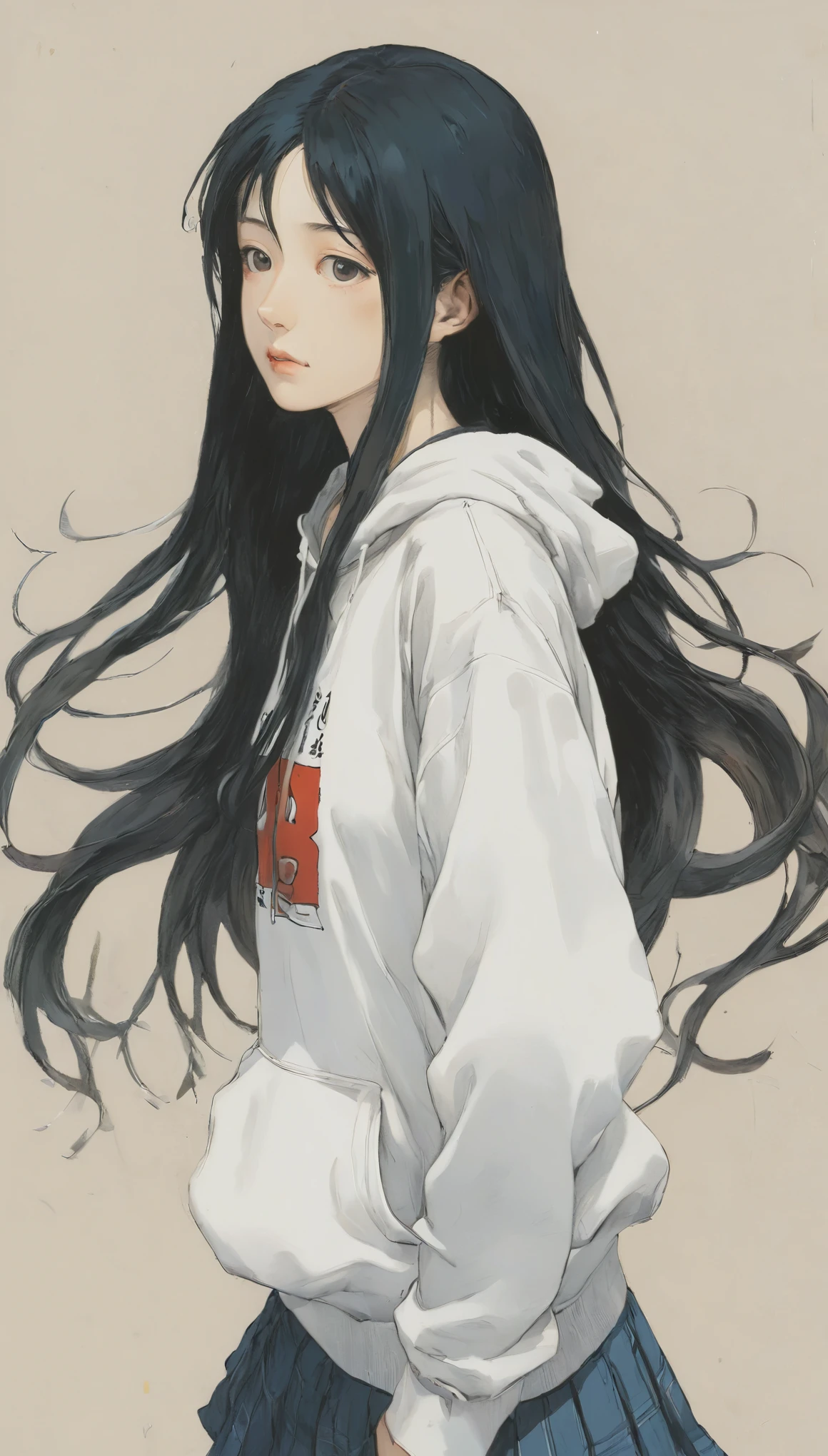 Naoki Urasawa、Beautiful girl、Highest quality、masterpiece、Ultra high definition、Japanese、White hoodie、high school girl、Long Hair、Black Hair、Japanese painting、8k