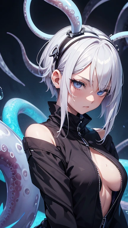 Silver Hair Short Hair Black headband bluish eyes beautiful girl nsfw Goth Pee Sweaty Wet Blank expression, violent movements Tentaclesから襲わている seventeen 1people Constraints 身体にTentaclesが巻き付いている お尻の穴からTentaclesが侵入 脚を開いてしゃがんでいる Tentacles Hardcore