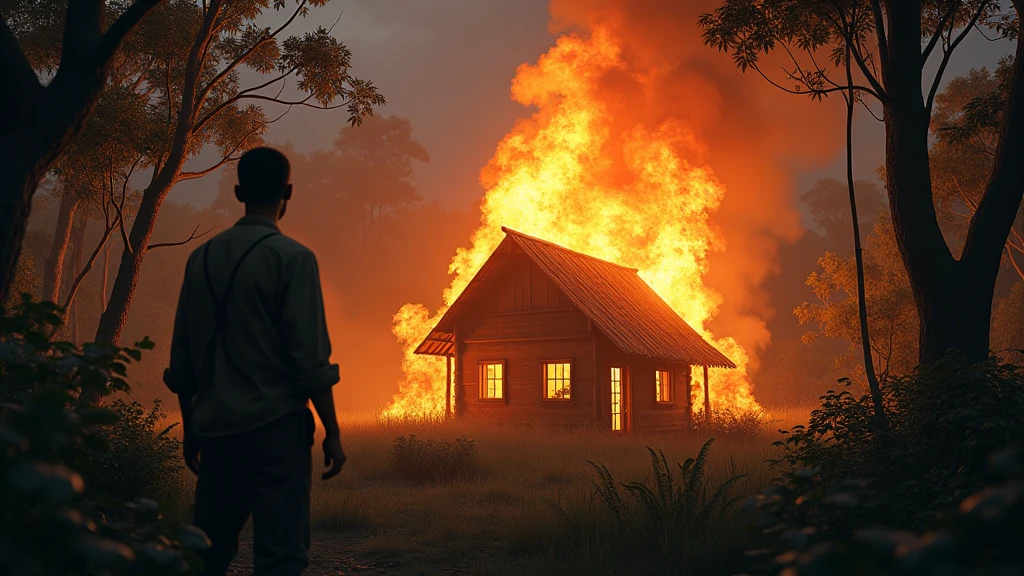 An Indonesian hunter stares at a burning wooden house in the forest 8k