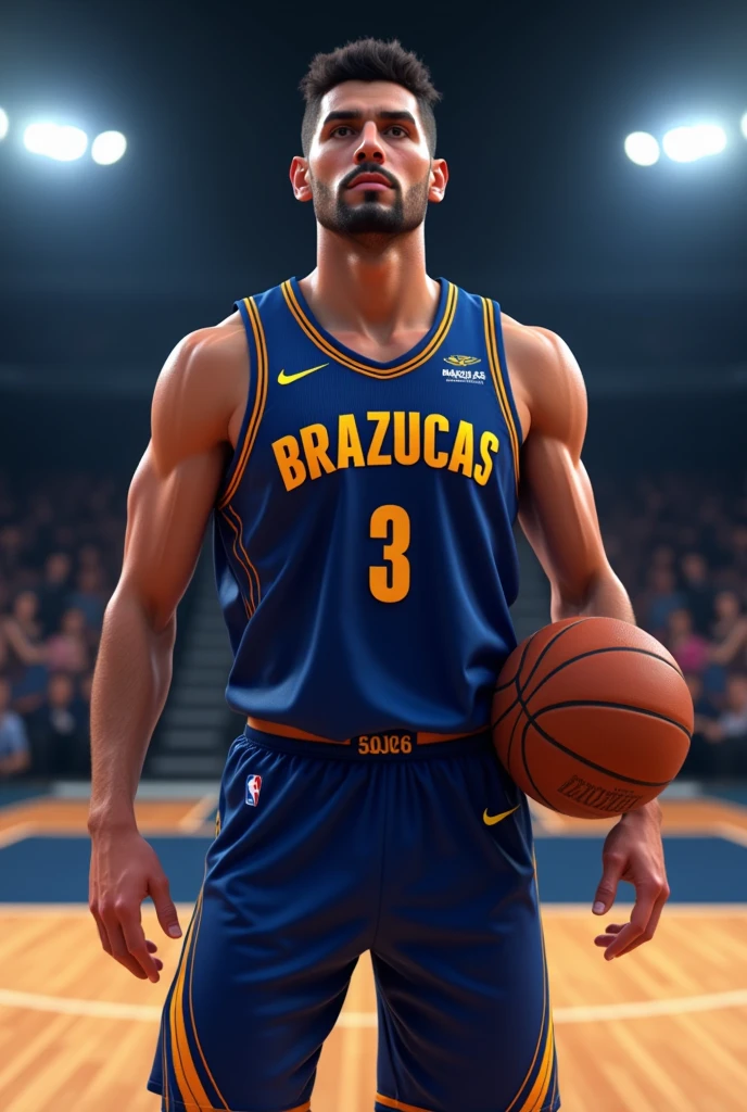 Navy blue basketball shirt with the name of the BRAZUCAS team on the front 