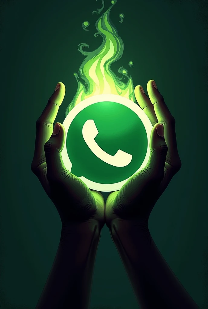 I want an image with black and green colors with two hands holding the WhatsApp icon with fire on top 
