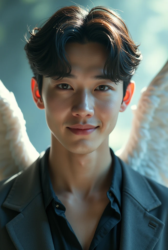 韓国アイドルの様なmale、Mysterious face、Beautiful angel wings、looking at the camera、Upper body image、Beautiful Face、28 years old、front、Smiling、Healing Face、male