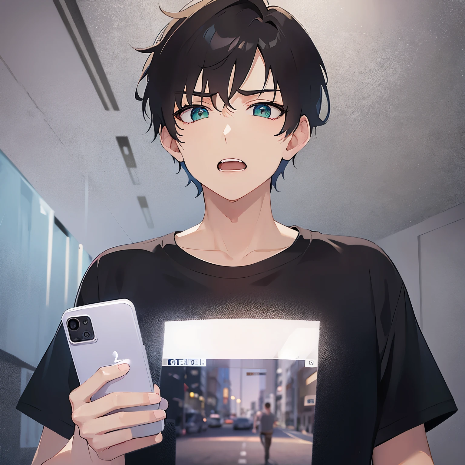 BREAK(25-year-old male:1.5) and (Brown short hair) and (Green Eyes)BREAK, (looking away:1.5),upper body、 (talking on the smartphone:1.5),(handling_smart_phone, smart_phone:1.2)、
shiny skin, masterpiece、Highest quality、
(black T-shirts:1.5)
(angry:1.3),open mouth,The background is the living room、(alone:1.5)