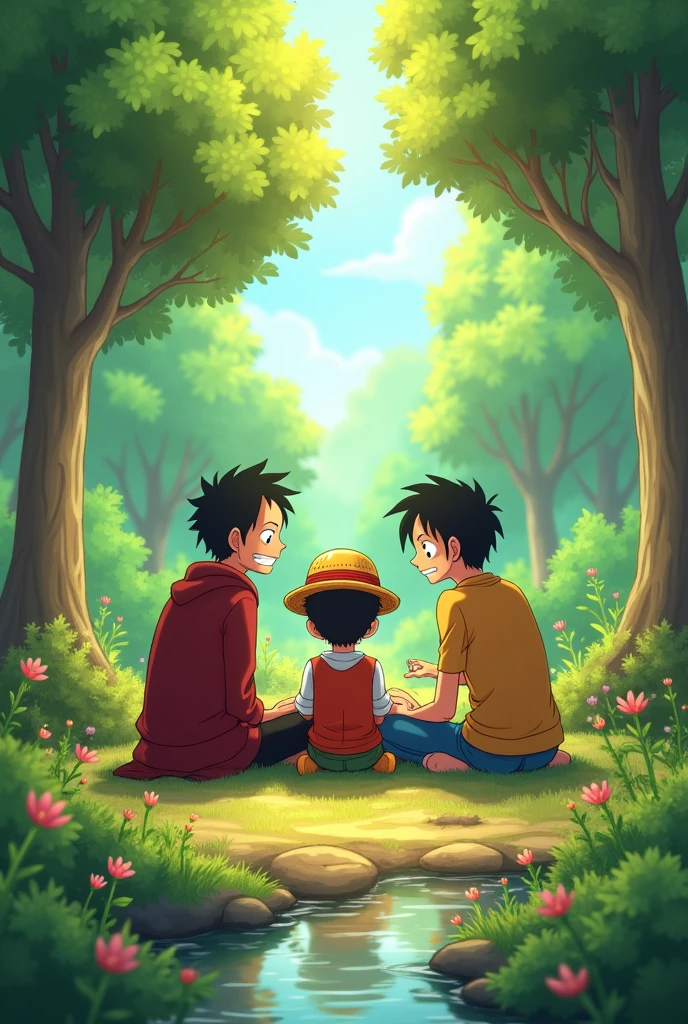 Portgas D Ace from One Piece sitting with his brothers Monkey D Luffy and Sabo