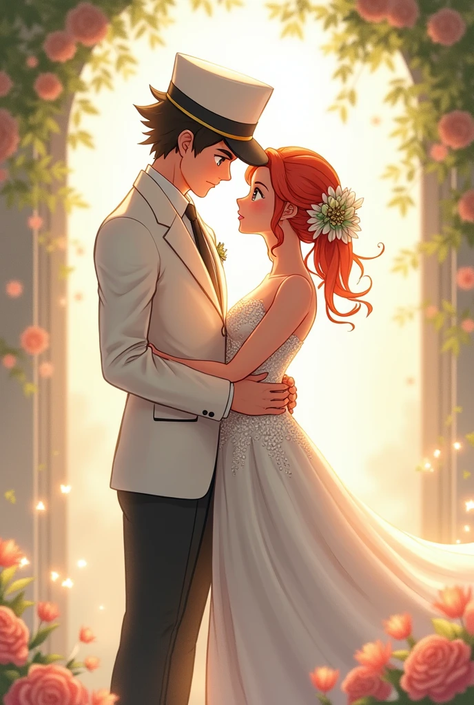 Draw Ash in a wedding suit ,wearing a white cap and Misty in a beautiful wedding dress.