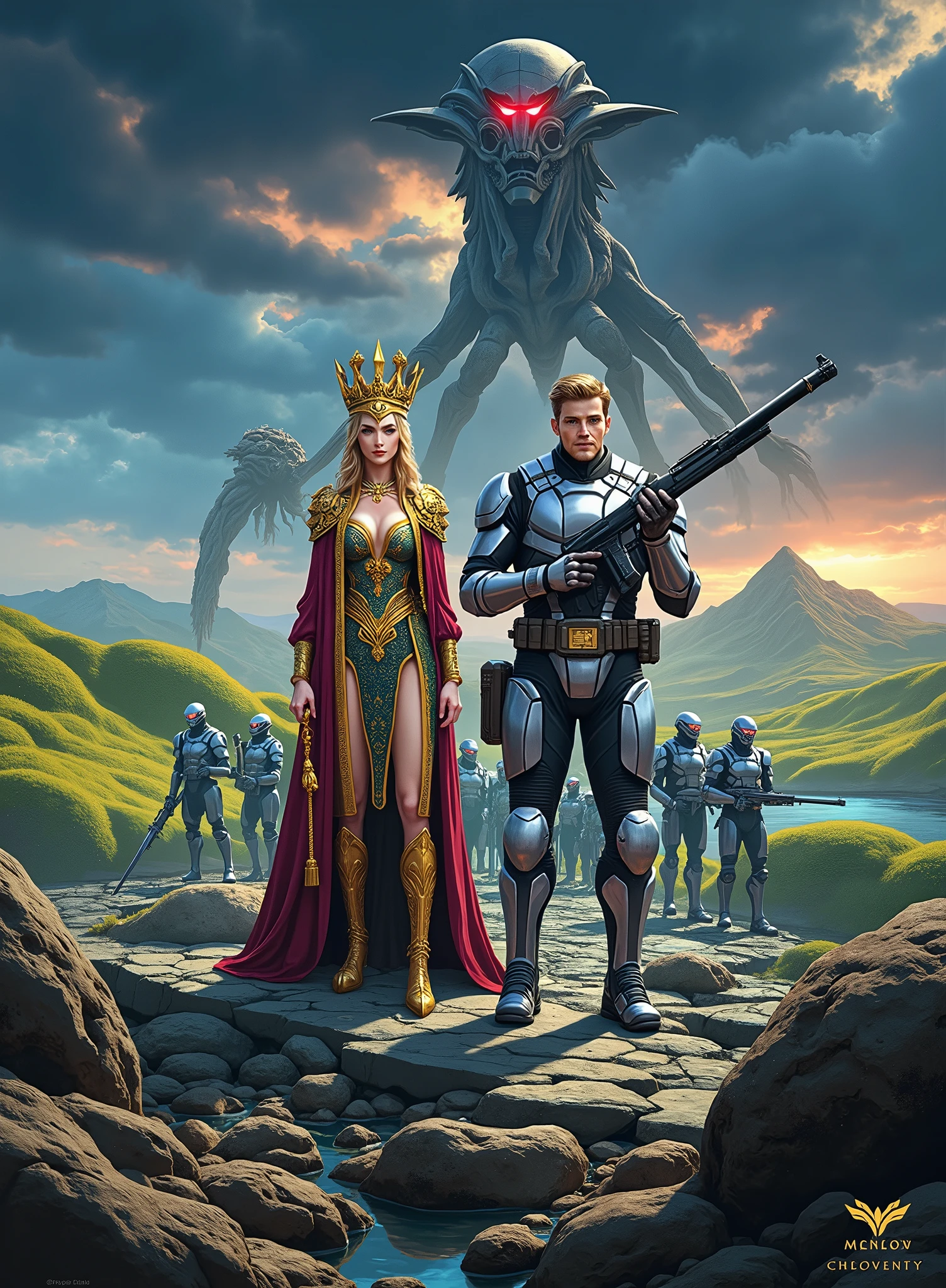 A regal female figure in royal attire, wielding a gleaming sword, along with a rugged male figure in futuristic battle gear, armed with a bulky rifle. They stand side by side on a battlefield, each demonstrating their own brand of leadership and persuasion. The atmosphere around them is tense, filled with anticipation of the upcoming conflict. The battlefield is an alien planet with rugged terrain and distant alien flora silhouetting the eerie skies, while their troops align behind them, ready for the battle to commence.