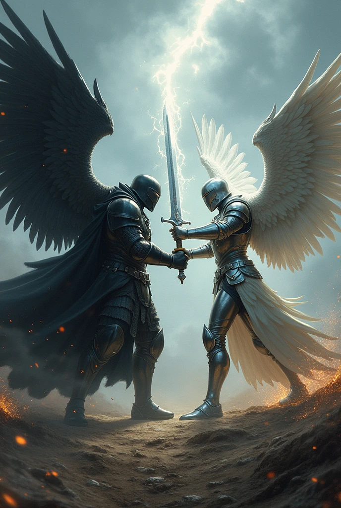 The dark knight clashing his swords with the fearsome angel knight