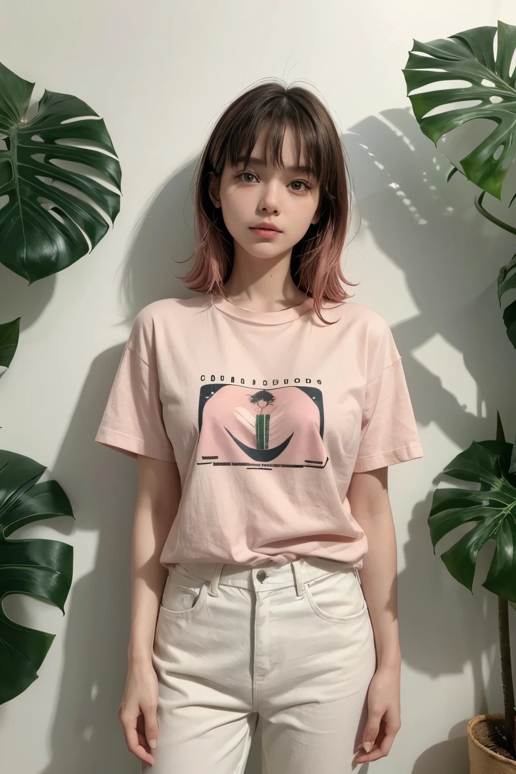 Create a high-resolution studio image featuring a model wearing a plain vintage pink t-shirt. Position the model in a natural, relaxed pose, with her arms either at her sides or slightly bent to convey a casual yet polished look. Incorporate a Monstera Deliciosa plant as a prop to add an element of elegance and natural beauty, ensuring the height of the Monstera Deliciosa does not exceed the model's shoulder level. The overall tone of the image should be modern and clean, with the vintage pink t-shirt as the primary focus. The background should feature a sleek, minimalist white curtain that is simple and free of distractions, allowing the t-shirt and the Monstera Deliciosa to stand out prominently. Upscale the image with a subtle effect to maintain natural details, ensuring a high-quality, polished finish.