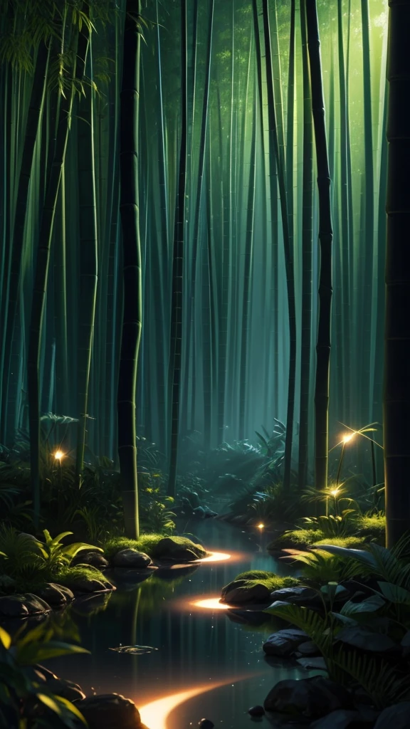 Bamboo forest in the dark night, Delicate and sharp, film production, Soft interior lighting, Many small fireflies flying, Holographic Flash, Vibrant colors, Fantastic rainbow reflection, Metallic luster, The balance between pitch-black darkness and shiny particles, Sharp and delicate, Watercolor style CG, High contrast, Perfectly tuned Octane rendering, Dramatic chiaroscuro, Antiretroviral therapy, Extreme aesthetics,