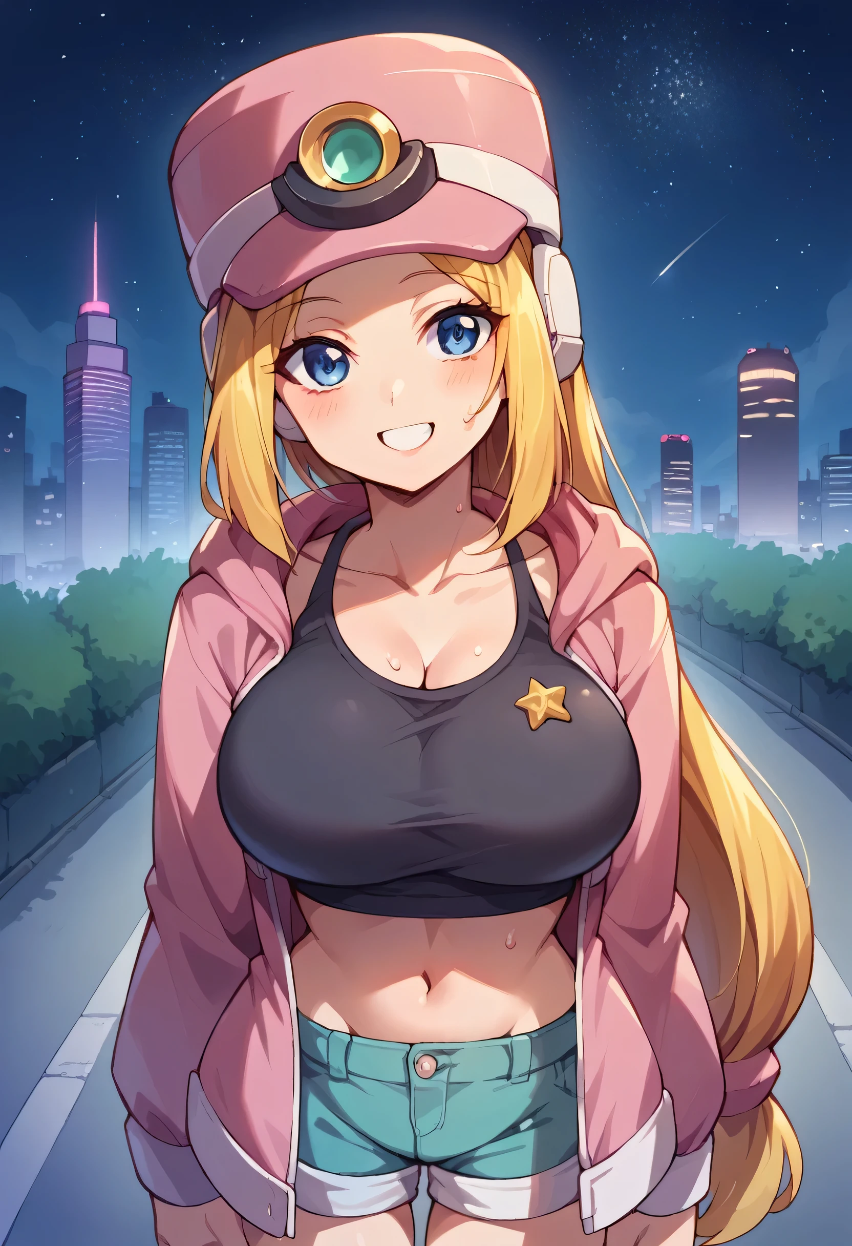 headphones, city, building, skyscraper, cityscape, earmuffs, night, 1girls, female focus, star \(sky\), solo, shoes, street, city lights, outdoors, sky, hoodie, shorts, starry sky, night sky, sneakers, skyline, hood, road, tower,Looking at the viewer,large breast,breasts, 1girl, breast, solo, smile, sweat, collarbone, upper body, large breasts, close-up,PRAIRIEZX BLUE EYES, HAT, LONG HAIR, BLONDE HAIR, , SHAKO CAP, LOW-TIED LONG HAIR,  PINK HEADWEAR