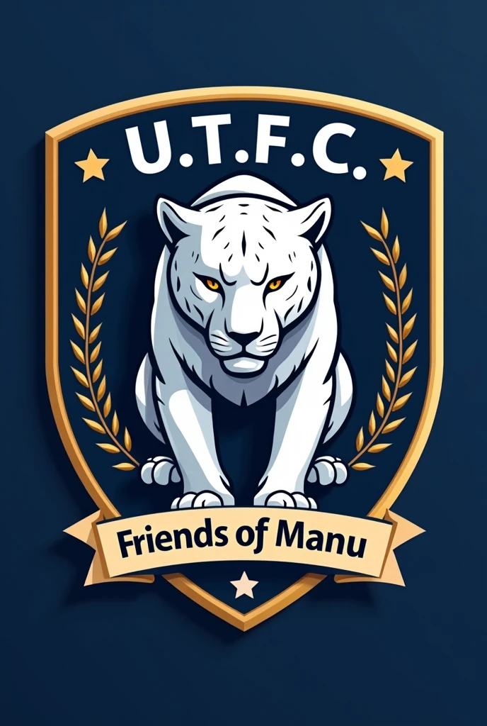 create a professional team shield with initials “U.T.F.C” and below with a banner “Friends of Manu” and a jaguar in white, blue and gold