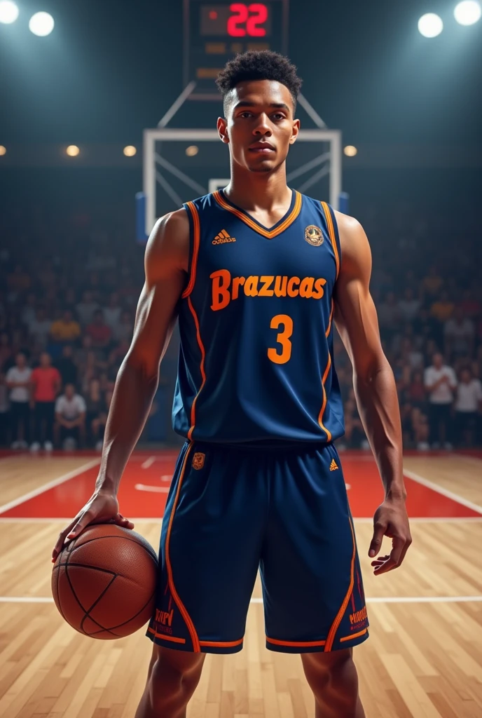 Navy blue basketball shirt with the name of the BRAZUCAS team on the front