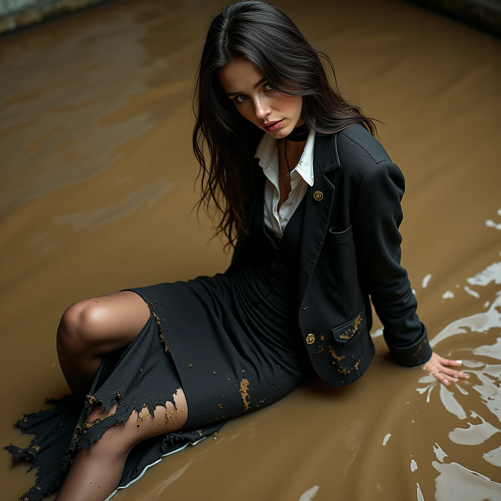 A super realistic photo of one slender business lady, model-like appearance with long hair. She is dressed in a long and black and ripped business pencil skirt made from cotton fabric, black and muddy and torn business jacket made from cotton and wool fabric. black business vest, white muddy shirt, stockings, black choker on the neck. She located in very muddy and very flooded office. She sitting deep in the water and liquid mud in flirtatious and modest pose, dips her legs, backs in the liquid mud and ripped her clothes, smear a lot of liquid mud and white oil paint on own clothes and torn it by hand. All her clothes is muddy, torn, ripped and sloppy, her black business pencil skirt and jacket are very stained in a liquid white oil paint drops and drizzles. She look like have played in mud in a large swamp with brown liquid mud, her clothes covered with liquid mud from head to toe. The studio light brilliantly illuminates all her clothes in details, casting small shadows and emphasizing the texture of the mud on her clothes. Please focus on stains of liquid mud on her clothes. View angle of the camera from top and left from the business lady.