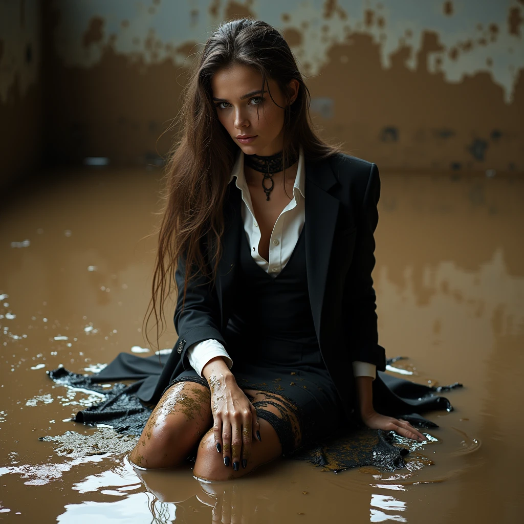 A super realistic photo of one slender business lady, model-like appearance with long hair. She is dressed in a long and black and ripped  business pencil skirt made from cotton fabric, black and muddy and torn business jacket made from cotton and wool fabric. black business vest, white muddy shirt, stockings, black choker on the neck. She located in very muddy and very flooded office. She sitting deep in the water and liquid mud in flirtatious and modest pose, dips her legs, backs in the liquid mud and ripped her clothes, smear a lot of liquid mud and white oil paint on own clothes and torn it by hand. All her clothes is muddy, torn, ripped and sloppy, her black business pencil skirt and jacket are very stained in a liquid white oil paint drops and drizzles. She look like have played in mud in a large swamp with brown liquid mud, her clothes covered with liquid mud from head to toe. The studio light brilliantly illuminates all her clothes in details, casting small shadows and emphasizing the texture of the mud on her clothes. Please focus on stains of liquid mud on her clothes. View angle of the camera from top and left from the business lady.