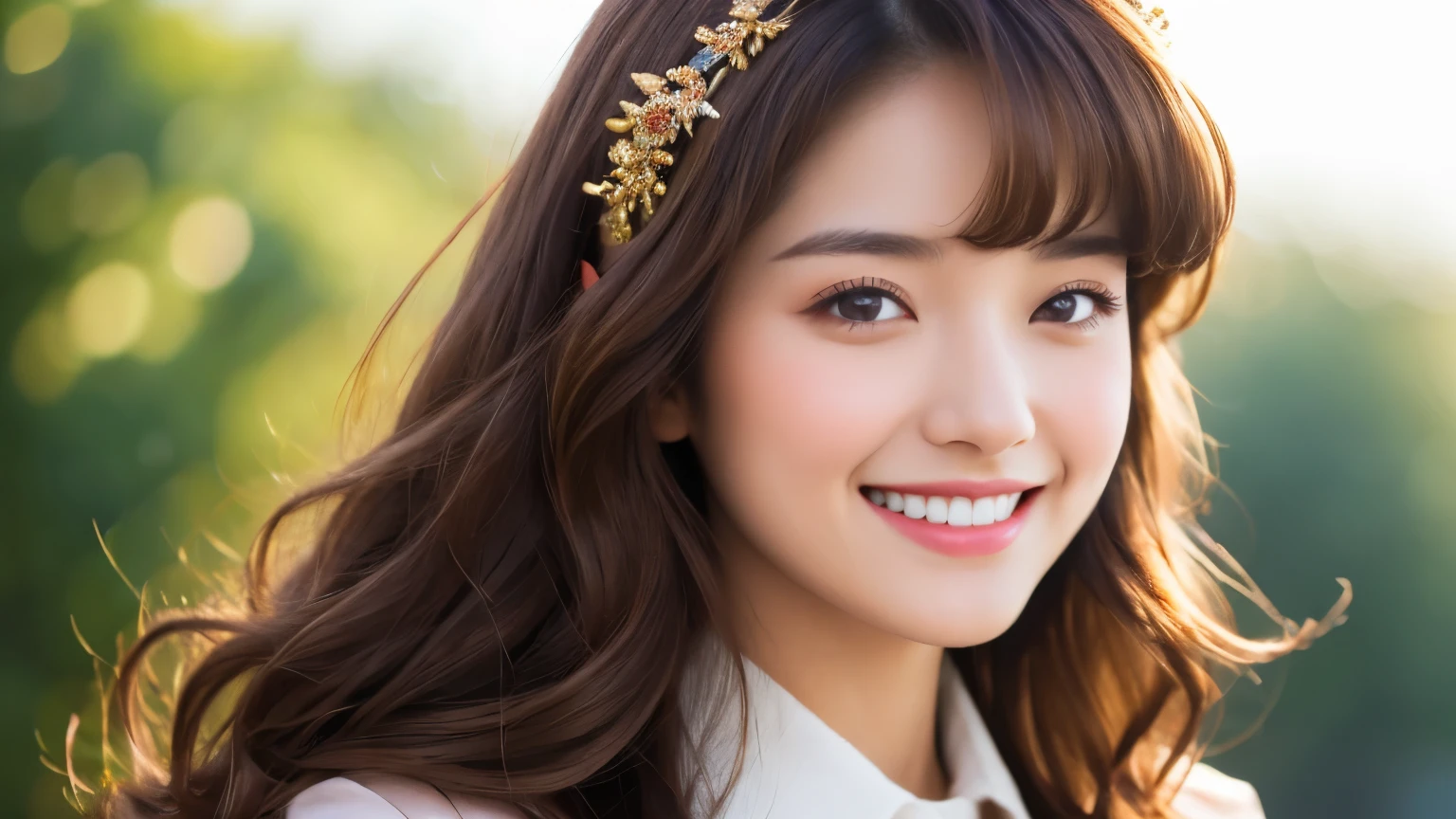 Masterpiece, beautiful details, perfect focus, uniform 8K wallpaper, high resolution, exquisite texture down to the smallest detail, one girl, long hair, looking to the side, blushing, smiling, bangs, stand, looks like a half body, skirt, brown hair,  shirt, hair accessory, long sleeves, very long hair, smiling, happy, open mouth, brown eyes, blue sky.