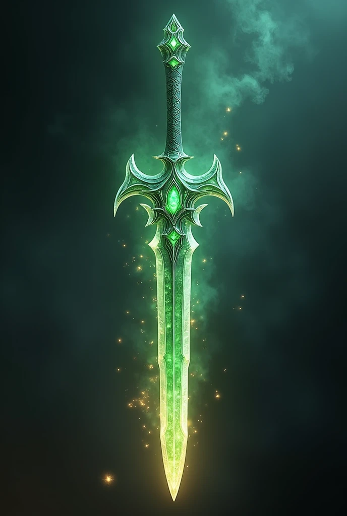 masterpiece、Highest quality、Very detailed、Ultra-high resolution、Fantasy sword with crystal blade, glowing with light and dark energy. Green jade embedded in hilt. Multi-colored light effects representing fire, ice, lightning, poison, wind, and earth. Intricate patterns on hilt, glowing aura, and shimmering blade