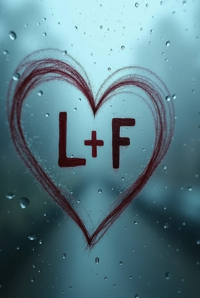 On a glass fogged up with raindrops the shape of a heart and inside the initials L + f