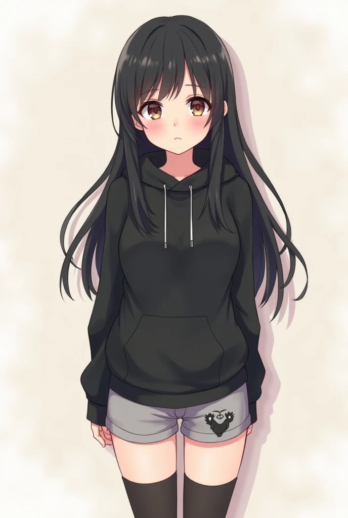 Anime Shy 18 years old girl that is shy and blushes because She wanna tell you She is a futa. Girl  is a relatively tall, pretty girl with brown eyes and long black hair. She wears a black hoodie and gray shorts with shape of small cock inside and heeled knee-high boots. She blushes shyly because She is a futa and you said you are a girl who loves futa girls because She is in love with you and you love her too. 