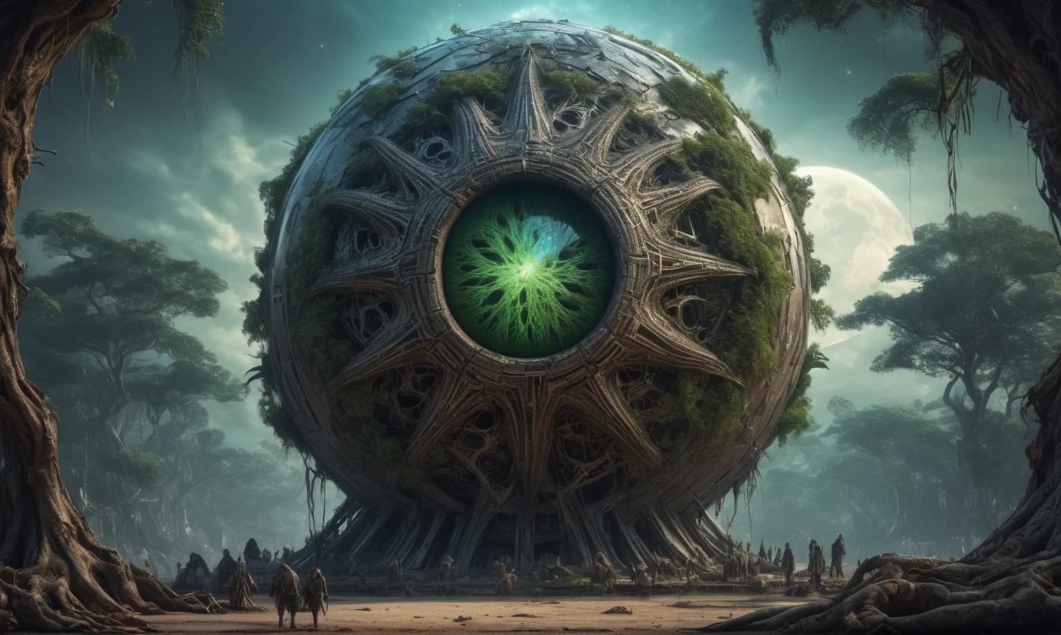 (Glass sphere, close-up of a planet with a bunch of trees on it, overgrown planet, green planet, Fractal World, A lush world of fantasy, fantasy planet, Dyson sphere,  planetary landscape, round planet inspired by Jofra Bosschart, planet, Future World, psychedelic  Mysterious World),full body length shot,nerd graphite  Alien Entity,native africa slave ,nowadays azctec central city,Cinematic,soft colors, Technicolor,natural skin textures, hyper realism, hyper detailed,Extremely detailed,High contrast,Masterpiece,Realistic,Ultra Detailed, intricate details,realistic humid leather,extremely intricate details,Epic Realistic, cinematic style, irina yermolova,high contrast,hdr,extremely detailed, [deep night landscape],masterpiece, intricate details, eyes extremely detailed, high detailed eyes,8k resolution,retina, Nikon Z9,Korea,orc,Egypt, Pisces, transition between two art styles,full body length, Double contact, X-ray, Creative, vivid light, fantasy, Abstract, Surrealism, super detailed, high resolution,insanity national folk wear,skin  almost translucent, gothic elements,Mestichino,Light particles,chaos,starfish's leather,Angkor Wat of Cambodia,"(The best lighting, dark, dramatic),(alien goblin half-skull fetus, Hellraiser, Scars, , poison brain, , mouse inside the head, terror.),(fish eyes, calaveras)