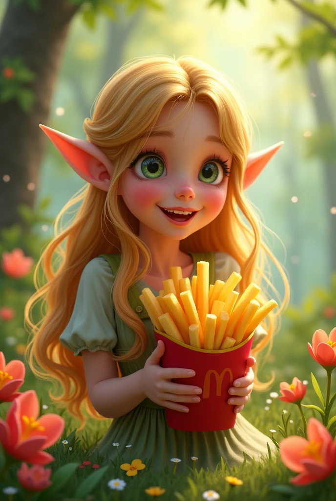 In a lush green forest, in a calm place where sunlight shines through, an elf girl is stuffing her face with her favorite french fries. She has long ears, beautiful golden hair, and wears an elegant dress. Her eyes sparkle and a big smile appears on her lips. All around her, colorful flowers are blooming, highlighting her happy moments. In her hand was a colorful container of french fries, and the fragrant aroma wafted through the air. Overall, a heartwarming scene that combines happiness and natural beauty.