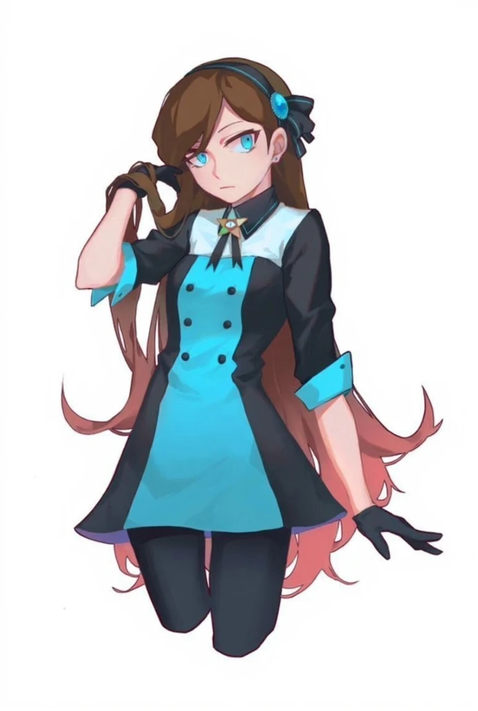 Girl, Mabel pains, gravity falls, reverse falls, reverse mabel, brown hair, long hair, blue shirt, tights, blue skirt, short skirt, blue shoes, blue eyes, blue bezel in hair, confident smile, arrogant look, sitting in a cafe, view down, evil smile, solo