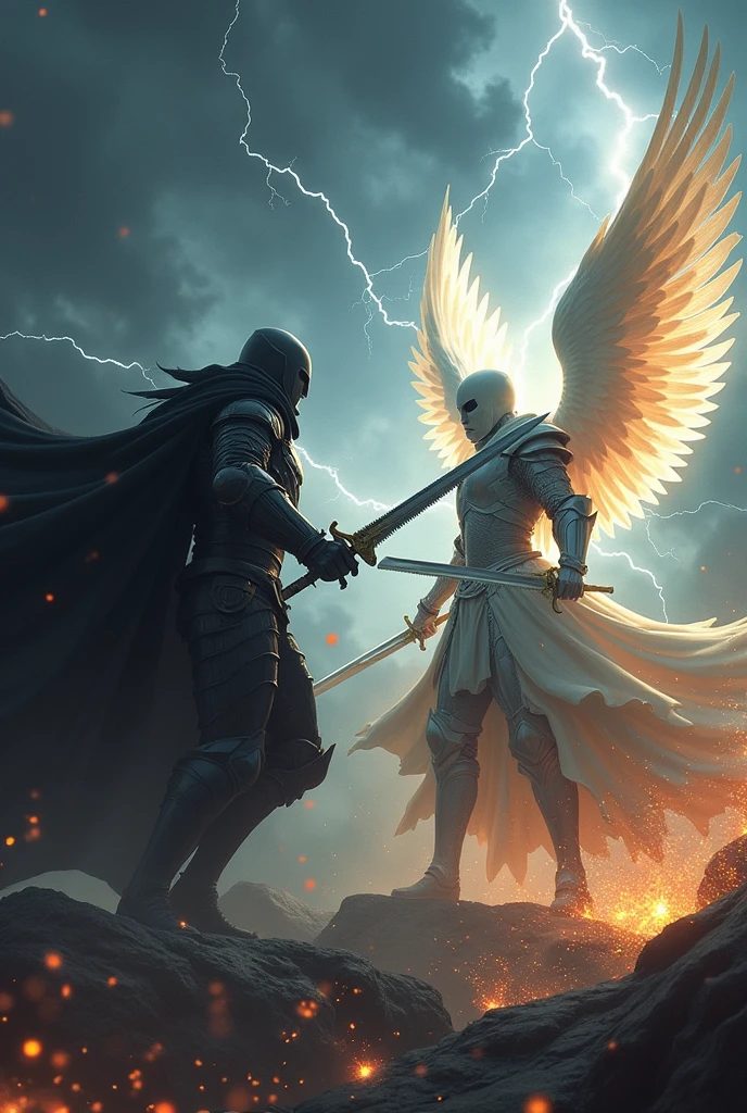The dark knight clashing his swords with the terrifying angel knight