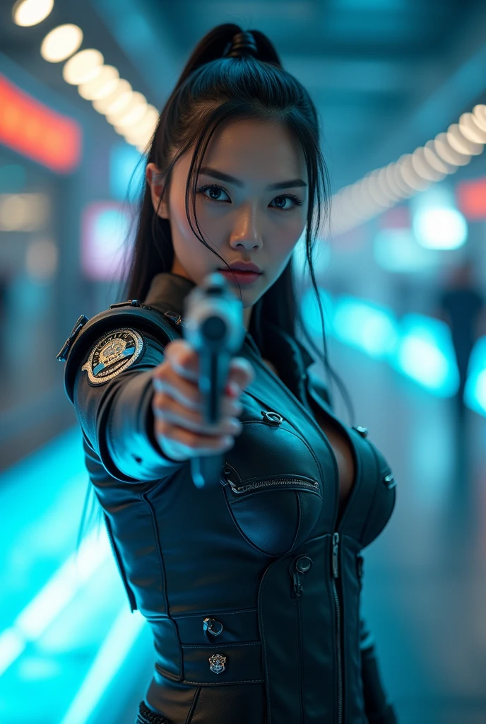 a cinematic photo of a young woman (Beautiful face, Asian mix supermodel, Dilraba Dilmurat) with fair skin, ponytail black hair, wearing a futuristic Police uniform with neon accents and a (police logo) on the right sleeve that glows with a soft blue light. The uniform has a metallic, robotic exoskeleton design, with mechanical limbs and wires visible underneath. She has on high-tech, Her expression is focused and intense as she points a sleek, Both hands high-tech sports pistol directly at the camera. The background is blurred, suggesting a futuristic, high-tech street arena with a glowing blue track and indistinct figures in the distance. photography