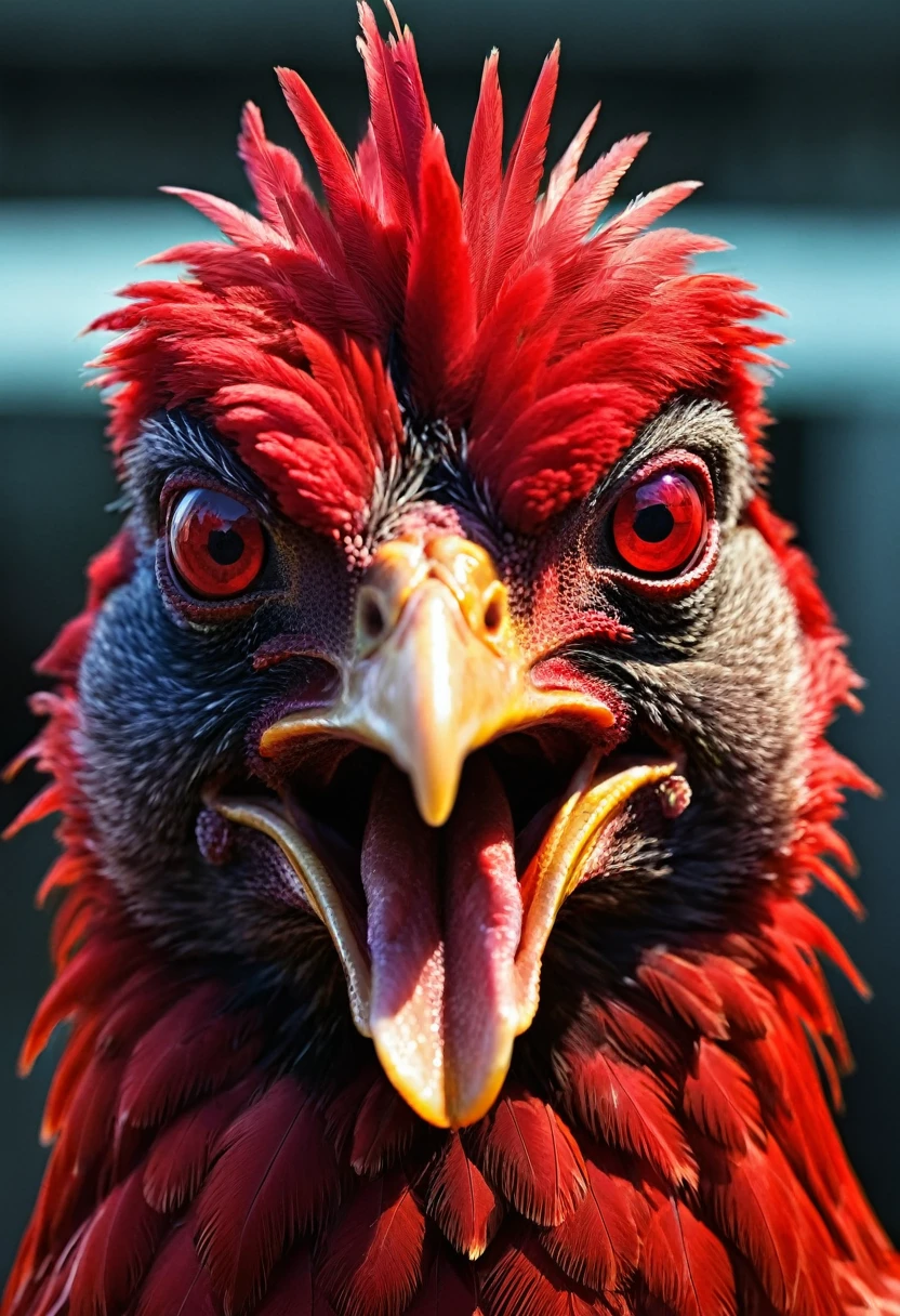 Zombie chicken big fangs red as blood cyberpunk eyes