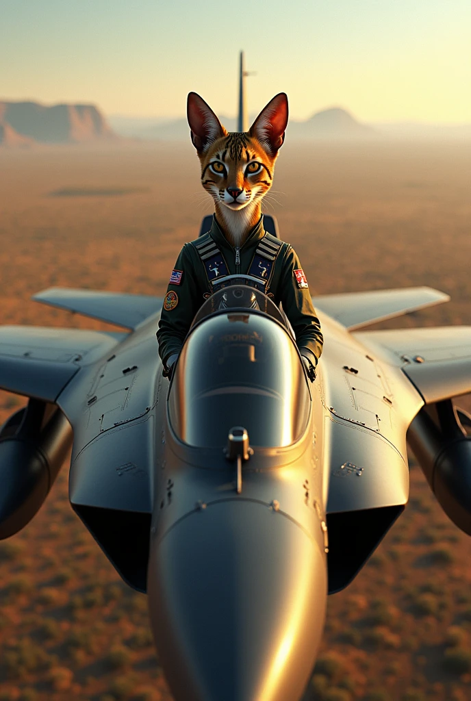 Savannah cat wearing a pilot suit and flying a fighter plane with a co-pilot next to him, realistic, real, high-resolution details, full picture as real life