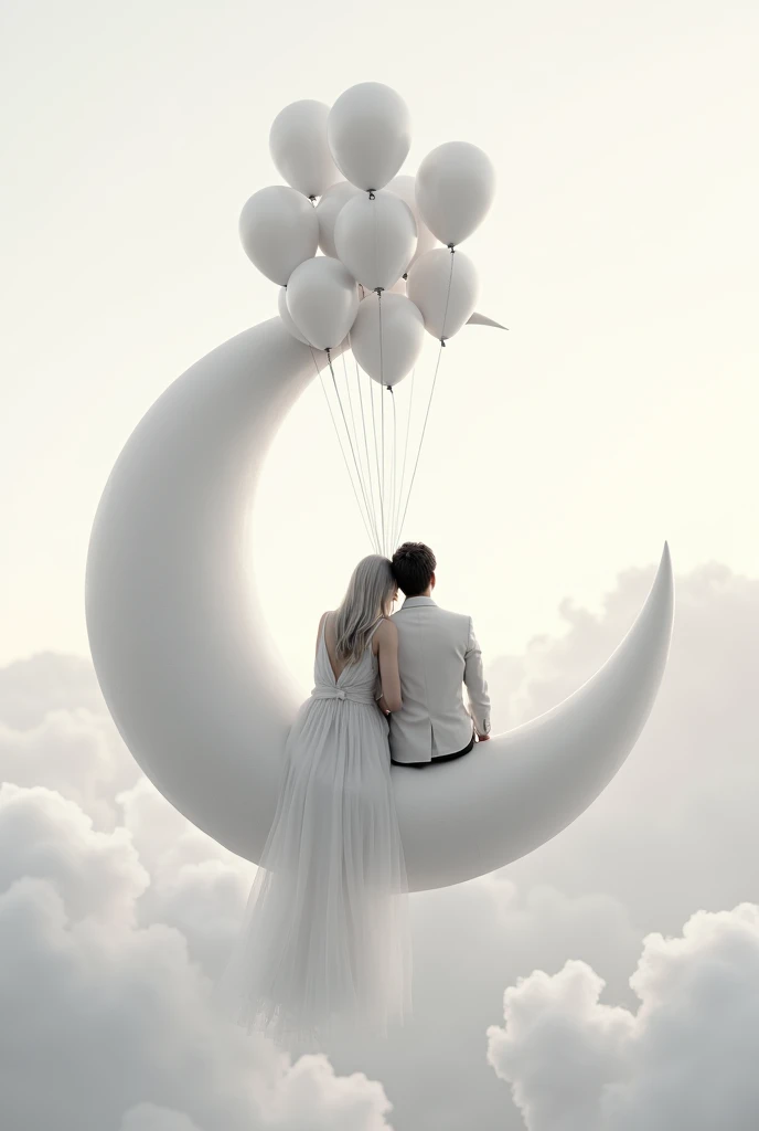 drawing of a couple in love with their backs turned , sitting on a crescent moon charged by helium balloons, with a background in which white dominates , and the tones of the couple are in a gray scale, The bride&#39;s hair is light in color and the groom&#39;s is dark and short., hyperrealistic and the moon should be seen as a pillow of cloth, She rests her head on her partner&#39;s shoulder 