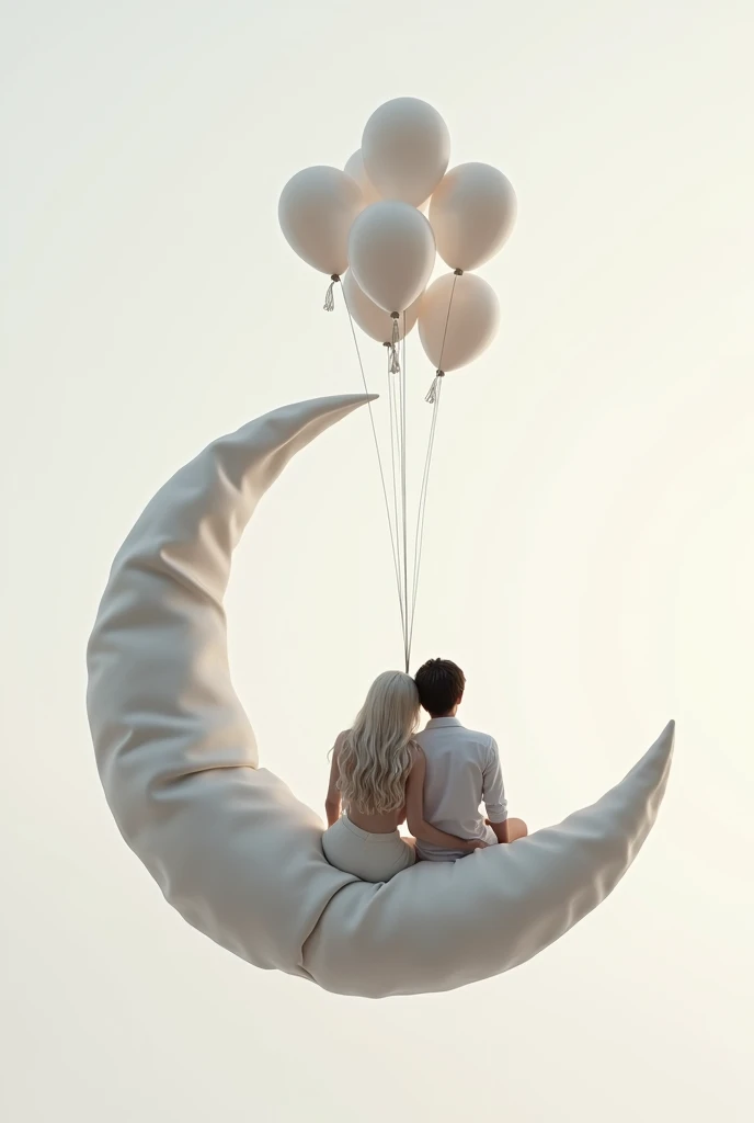 drawing of a couple in love with their backs turned , sitting on a crescent moon charged by helium balloons, with a background in which white dominates , and the tones of the couple are in a gray scale, The bride&#39;s hair is light in color and the groom&#39;s is dark and short., hyperrealistic and the moon should be seen as a pillow of cloth, She rests her head on her partner&#39;s shoulder 
