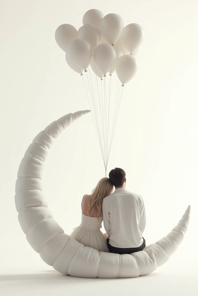 drawing of a couple in love with their backs turned , sitting on a crescent moon charged by helium balloons, with a background in which white dominates , and the tones of the couple are in a gray scale, The bride&#39;s hair is light in color and the groom&#39;s is dark and short., hyperrealistic and the moon should be seen as a pillow of cloth, She rests her head on her partner&#39;s shoulder 