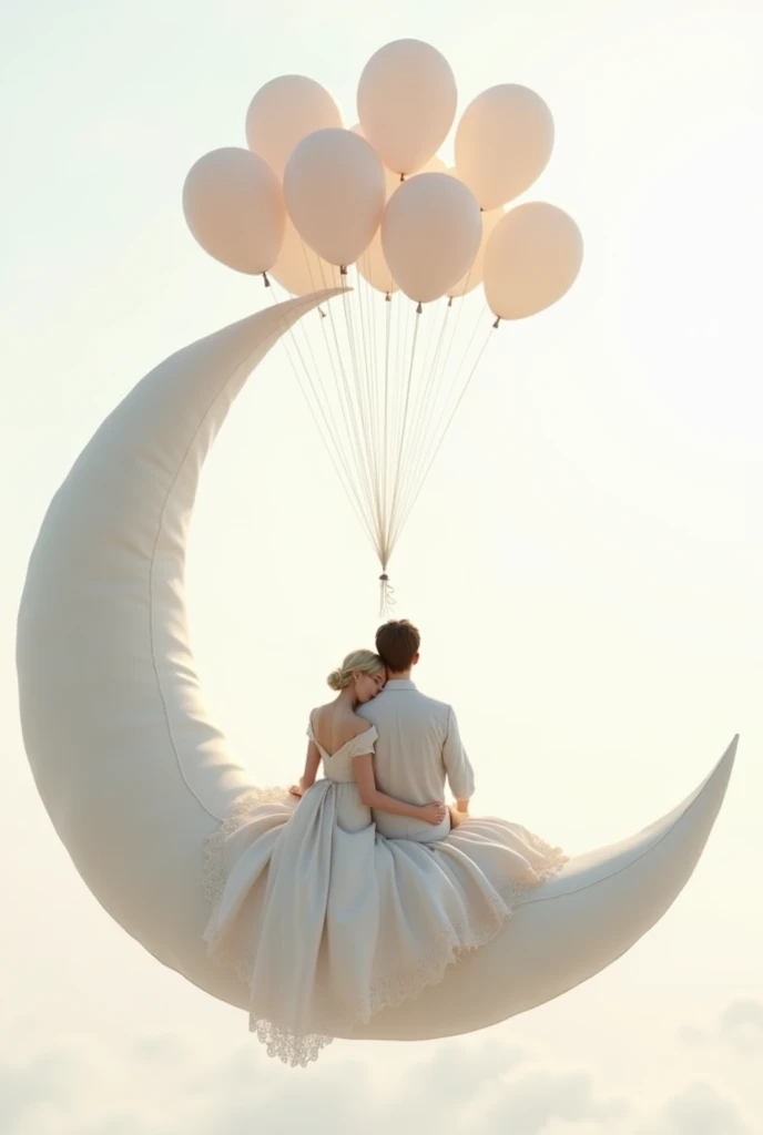 drawing of a couple in love with their backs turned , sitting on a crescent moon charged by helium balloons, with a background in which white dominates , and the tones of the couple are in a gray scale, The bride's hair is light in color and the groom's is dark and short., hyperrealistic and the moon should be seen as a pillow of cloth, She rests her head on her partner's shoulder