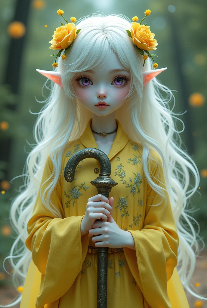 The clothes are yellow-green.、Purple eyes and white hair、White-skinned girl holding a cane