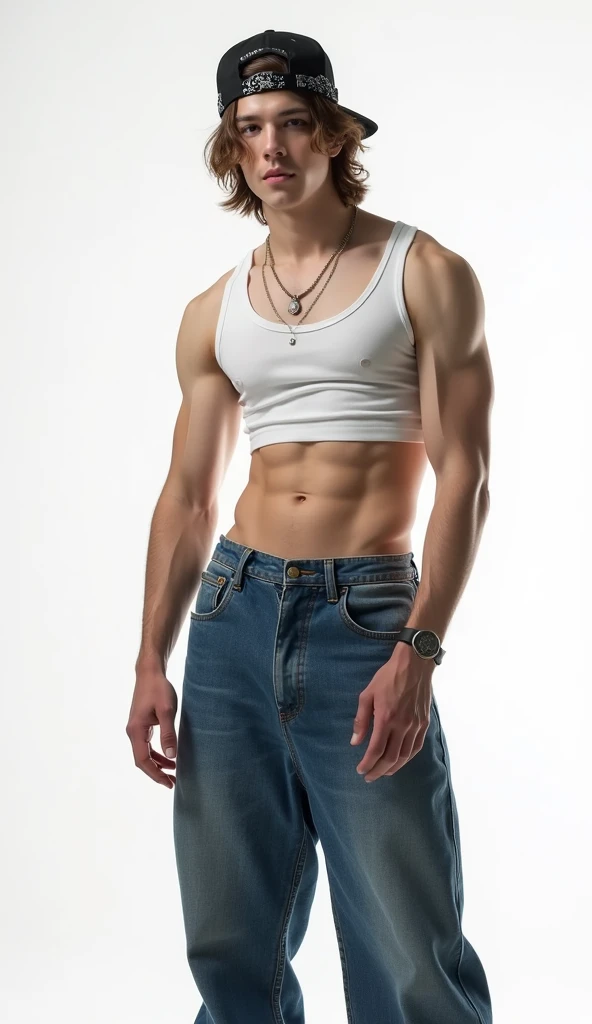 Realistic photo of a Korean male kpop singer, jungkook BTS, 24 years, pale face, beautiful  face, Muscular and strong body, neck length hair light brown wavy,  wearing men&#39;s crop top , wearing a bandana cap on his head, wearing a very loose baggy hip hop style jeans, white background , standing, fully body, posing for photo shoot, doing poses