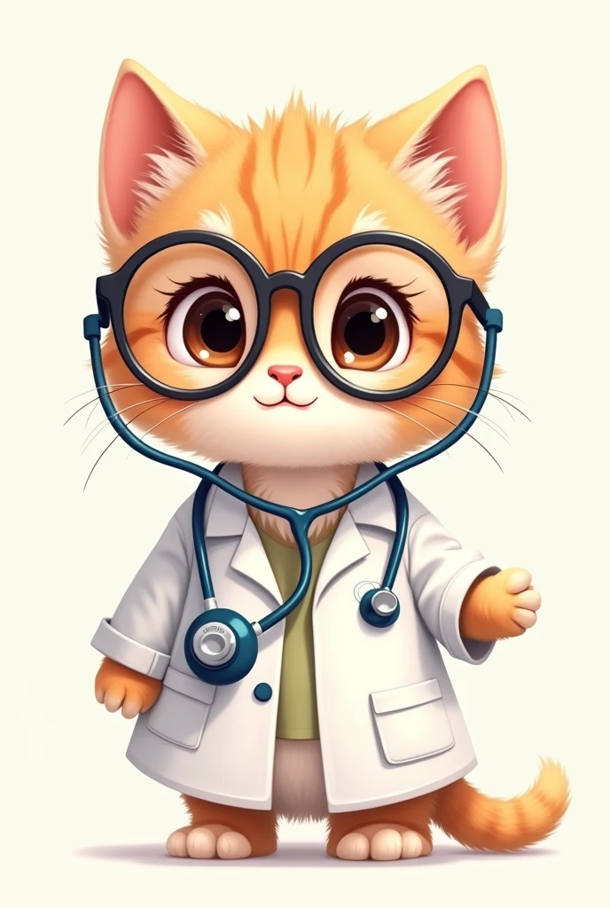 Drawing of a kitten with glasses and a doctor's outfit with a stethoscope around its neck