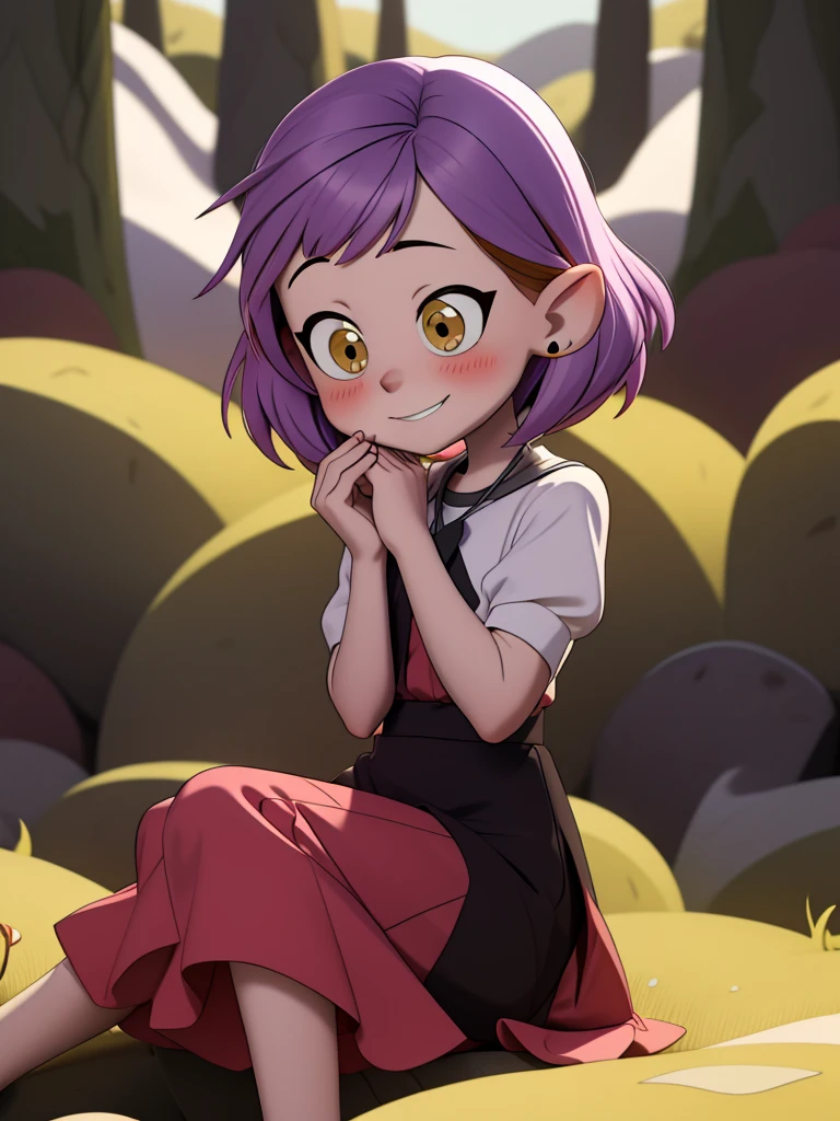 tender image, Show full body, purple hair, yellow eyes, smiling, Sitting and with the background of a forest, looking to the side, Bright colors and solid tone, Best 4K quality, Super detailed