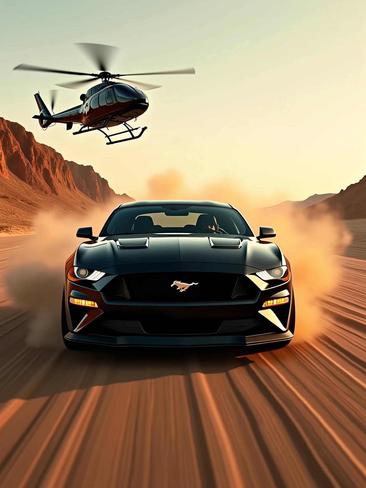 the ford mustang speeding along a sandy road, with a police helicopter cop in hot pursuit. The luxurious black car is depicted with striking details, including its sleek design and glossy finish. The helicopter is shown from a low angle, capturing its menacing intent as it trails the high-speed vehicle. The desert landscape surrounding them is vast and barren, with a touch of dusk light illuminating the scene. The overall atmosphere is tense and thrilling, as if you're witnessing a high-stakes chase., 3d render