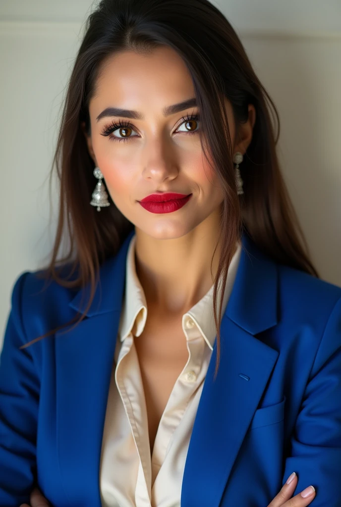 An Arab woman, skin fair, face ilumined, straight dark brown hair and brown eyes. She wears bright red lipstick and eyeliner., the background is a light wall the photo is in portrait mode well lit, She is wearing a royal blue blazer and an off white blouse with a color and silver earrings..