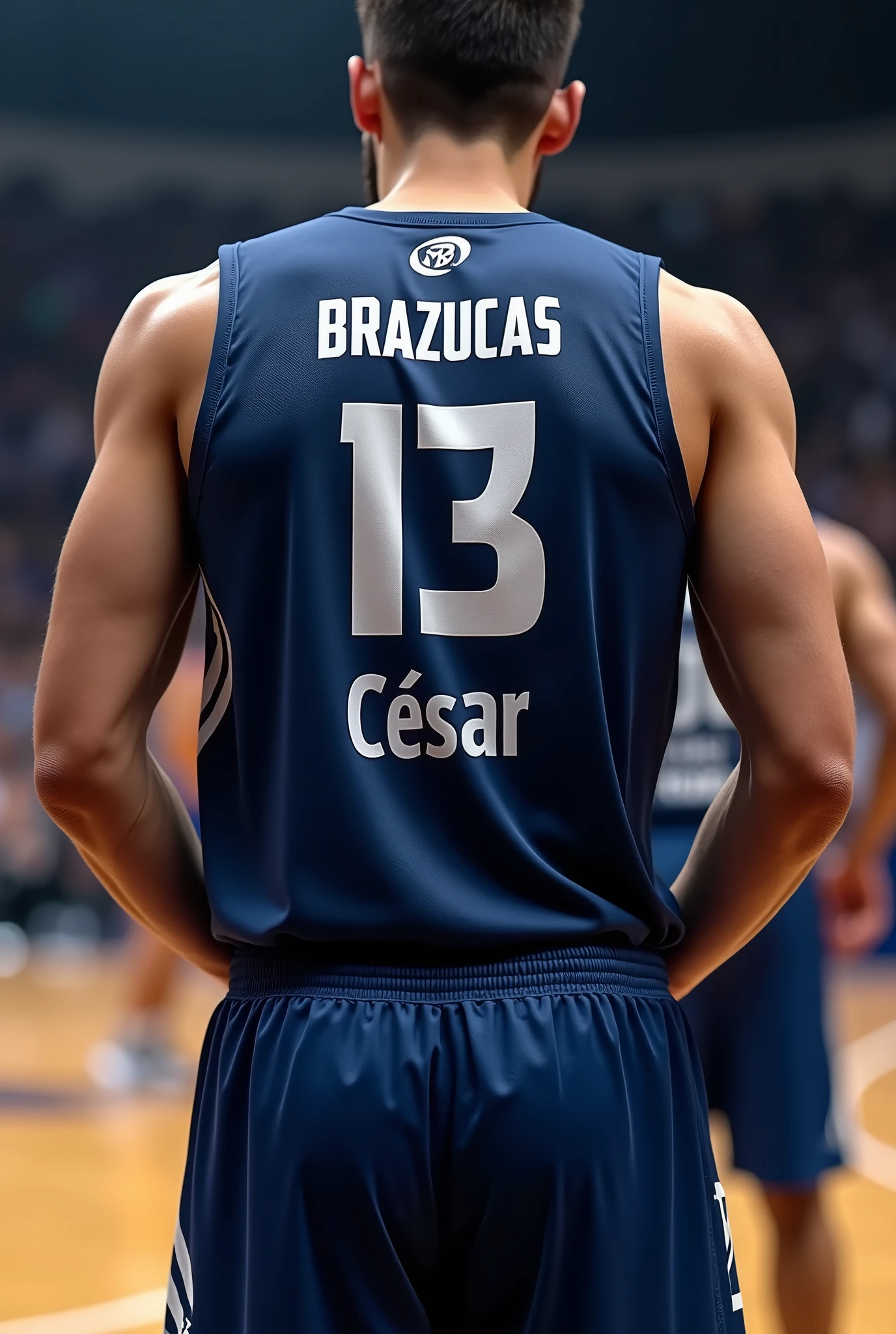 Navy blue basketball shirt with the name of the BRAZUCAS team under the number 13 on the back of the shirt at the neck the word 3X3 under the number 13 with the name of César