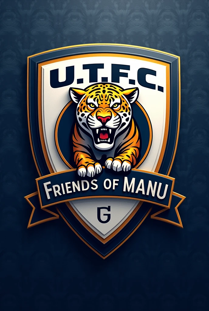 create a professional team shield with initials “U.T.F.C” and below with a banner “Friends of Manu” and a jaguar.
white blue and gold colors