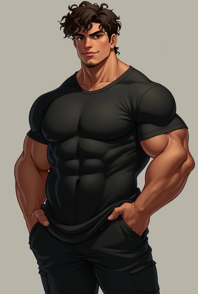 Draw Izaque, a white boy with curly hair, he is 1.80 wears a black shirt and black pants, He's a little chubby but just a little muscular, he has a defined chin and he's like a bear but with no hair on his face, brown eyes, black hair, gym rat and big shirt Very masculine