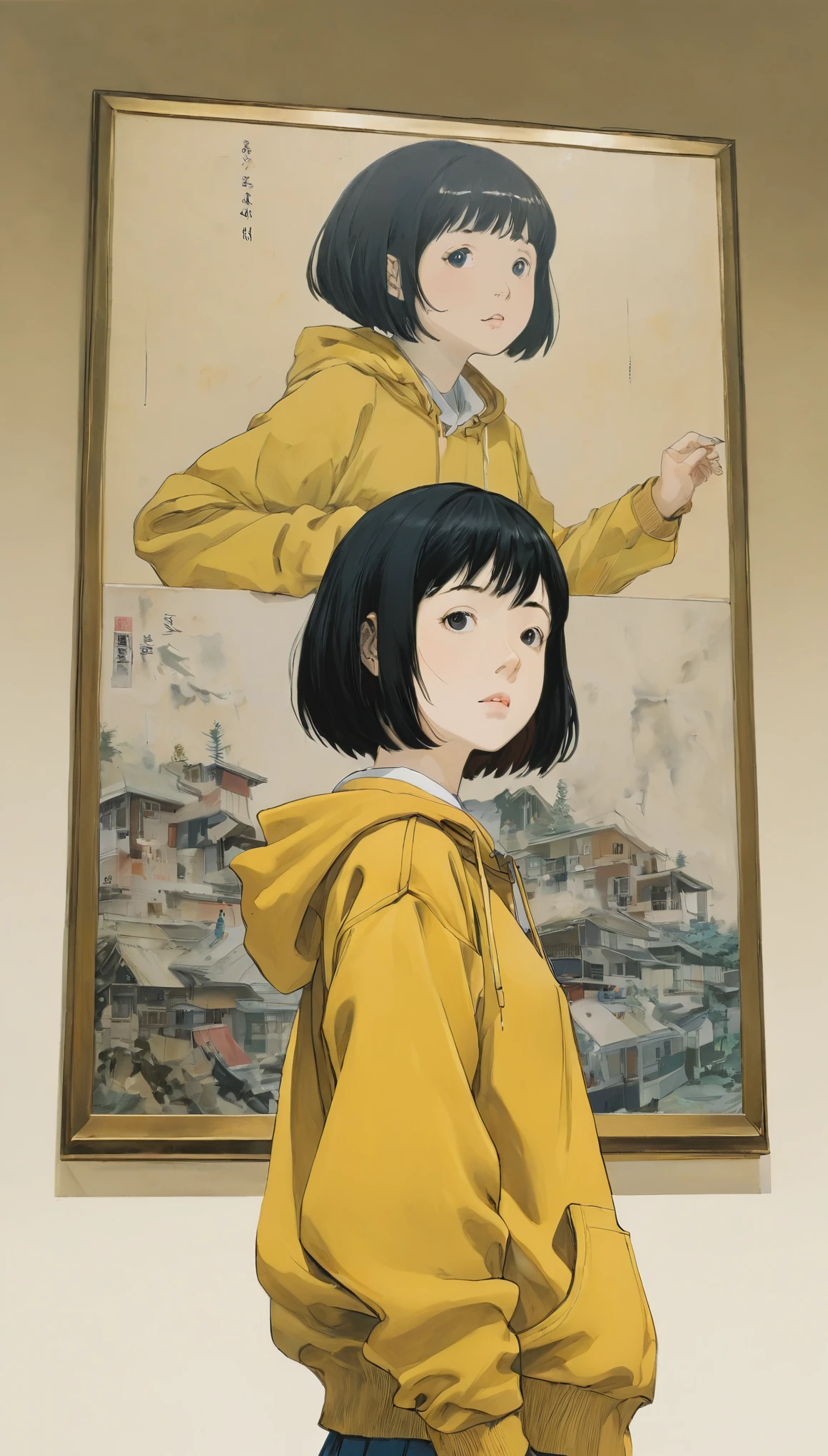 Naoki Urasawa、Beautiful girl、Highest quality、masterpiece、Ultra high definition、Japanese、Yellow hoodie、high school girl、Bobcut、Black Hair、movie theatre、Japanese painting、8k