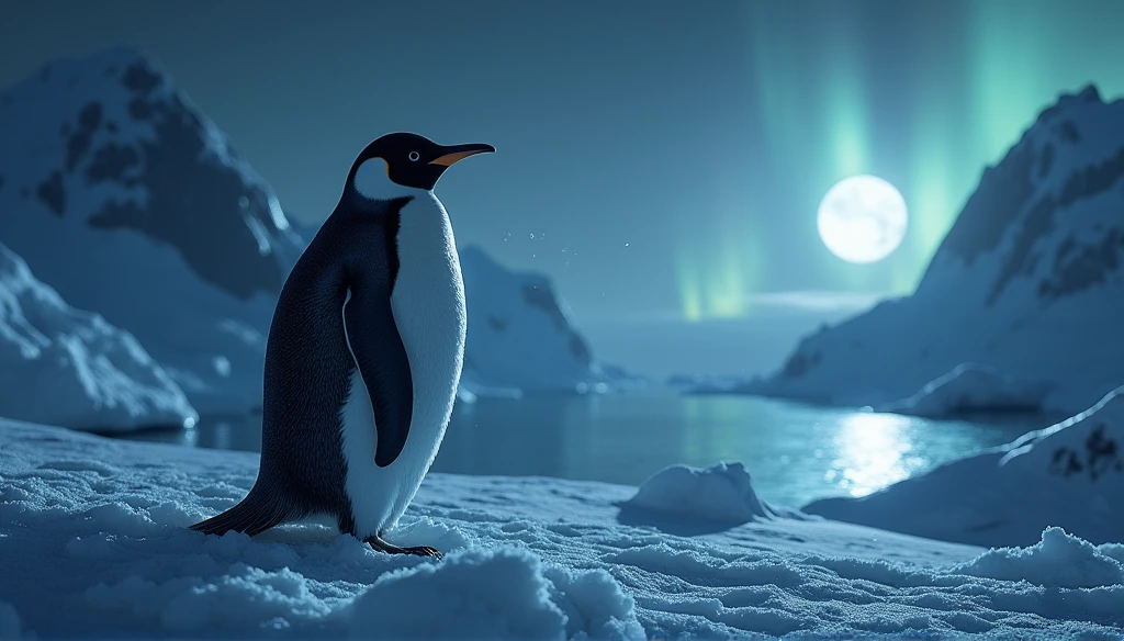 A penguin in the North Pole,Mysterious night sea