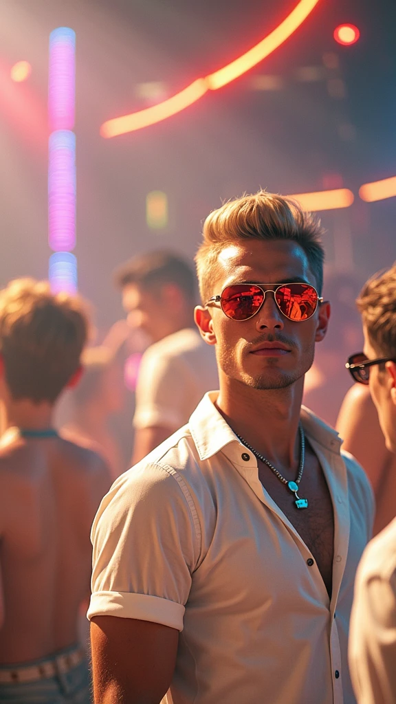 "The blonde man with an all-American look stands confidently in the center of a vibrant nightclub, holding a tropical drink in his hand. His short, sleek blonde hair is meticulously styled, and his distinctly American facial features—strong jawline, sharp cheekbones, and piercing blue eyes—are captured with extraordinary detail, embodying the charisma of a Hollywood star. He is dressed in a crisp white shirt that subtly catches the light, and a stylish bracelet on his wrist adds a touch of sophistication. Red gamer sunglasses with a polished, reflective surface are firmly set on his face, adding a bold, modern touch. The camera captures him from a close-up angle, focusing on his well-defined face and upper body. The dynamic lighting in the nightclub, with swirling neon lights and sharp, contrasting shadows, dances across his features, highlighting every contour with lifelike precision. The background is a blur of movement—people dancing, neon lights, and lasers—rendered in soft focus, making the man the undeniable focal point. The scene is captured with a high-resolution DSLR and a 50mm f/1.2 lens, ensuring every detail, from the texture of his skin to the reflection in his sunglasses, is rendered with striking realism, creating an image that feels almost tangible."