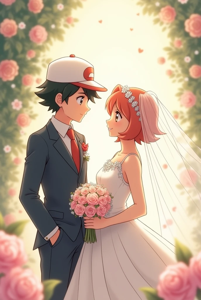 Draw Ash in a wedding suit ,wearing a white cap and Misty in a beautiful wedding dress.
Let the bride&#39;s hair be short and wear a veil.