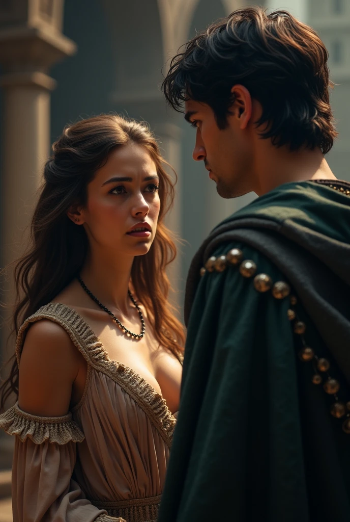 (photorealism:1.2), a beautiful woman, long brown hair, light brown eyes. slightly tanned complexion, with a medieval dress, looking angrily at an attractive black-haired man, Smoky grey eyes and a serious expression, handsome