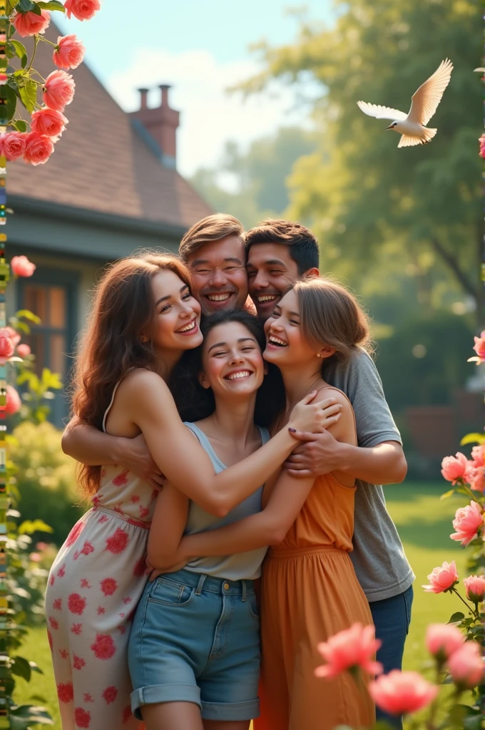 2 women and 2 men hugging each other super happy in the backyard of their house while roses bloom and birds fly around super free