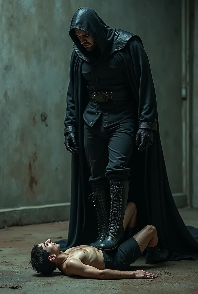 One stepping on a boy's penis , wearing black gothic boots.