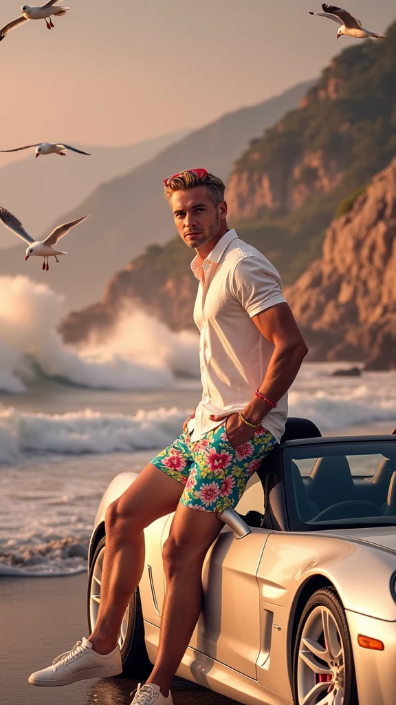  "The blonde man with an all-American look stands confidently at the center of the deck of a sleek sports car, parked on a scenic coastal road. He has short, sleek blonde hair and an unmistakable American facial appearance, embodying the charisma of a Hollywood star. He is dressed in vividly colored, floral-patterned shorts, a crisp white shirt, a stylish bracelet on his wrist, and pristine white sneakers. Red sunglasses are casually perched on his head. His well-defined face is prominently displayed, illuminated by the soft glow of the setting sun. In the background, waves crash against the rocky shore, creating a dynamic and powerful scene. Seagulls fly overhead, adding a touch of nature's tranquility. The sports car’s polished surface reflects the golden hues of the sunset. The scene is captured with a high-resolution DSLR and a 50mm f/1.2 lens, highlighting the man's striking presence at the center of the image and the breathtaking coastal landscape around him."